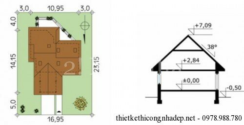 Bản vẽ thiết kế nhà cấp 4 nông thôn 2015 có gác lửng đẹp theo kiểu nhà hình chữ L